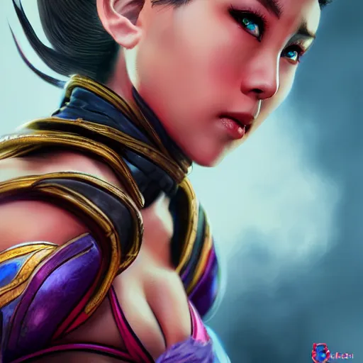 Prompt: Chun-Li in a fight pose, portrait, fantasy, medieval, beautiful face, vivid colors, elegant, concept art, sharp focus, digital art, Hyper-realistic, 4K, Unreal Engine, Highly Detailed, HD, Dramatic Lighting by Brom, trending on Artstation