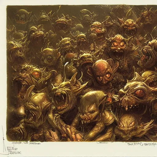 Image similar to a horde of goblins, dark atmosphere, humorous, grotesque, muted color, detailed, octane render, golden ratio, by brian froud, by jean - baptiste monge