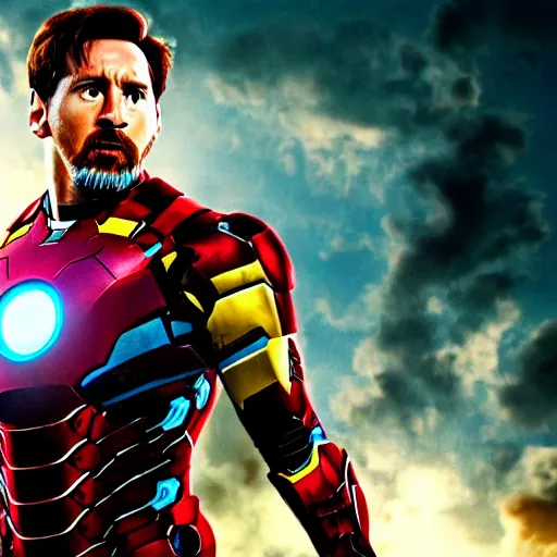 Image similar to Lionel Messi as Ironman in The Avengers, Marvel, Film Still, 35mm dramatic lighting, cinematic, deep focus, styleframe,