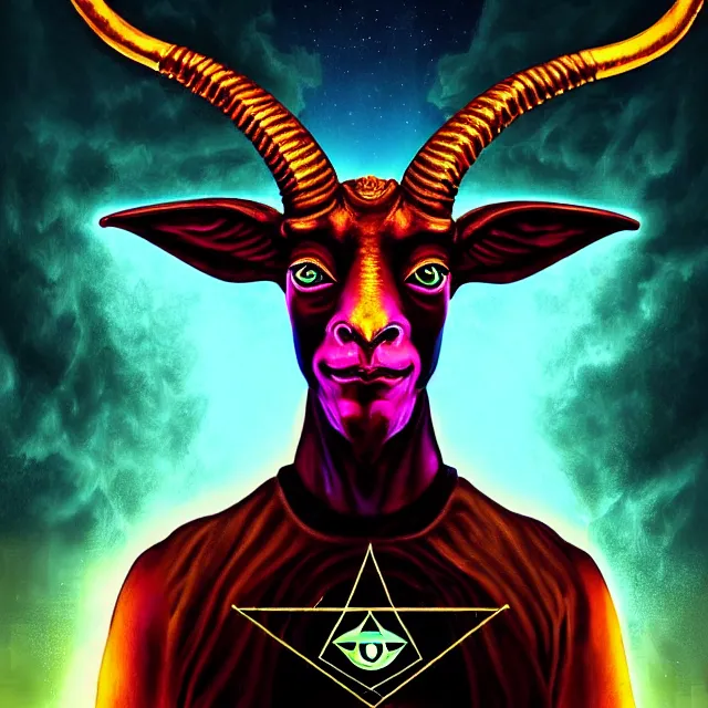 Prompt: Beautiful centered portrait 3d render of the illuminati Baphomet, face portrait, atmospheric lighting, painted, intricate, volumetric lighting, beautiful, rich deep colors masterpiece, sharp focus, ultra detailed, in the style of Dan Mumford and marc simonetti, with a clear crowded futuristic cyberpunk city in the background, astrophotography