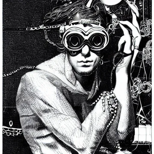 Prompt: a eccentric cybergoth guy wearing goggles and eclectic jewelry, small details, aesthetic!!!, by virgil finlay, by moebius,