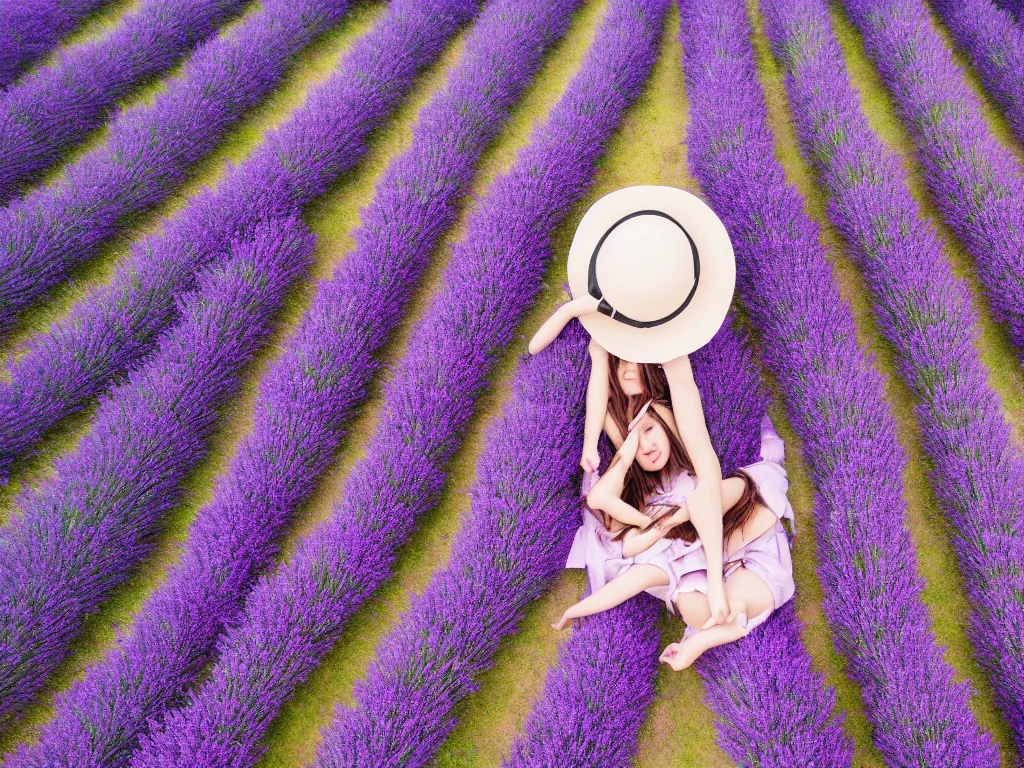 Prompt: dreamy aerial view of a girl with hat in middle of the beautiful lavender field, highly detailed, symmetric, drone photography, landscape photography, photorealism, smooth 4k