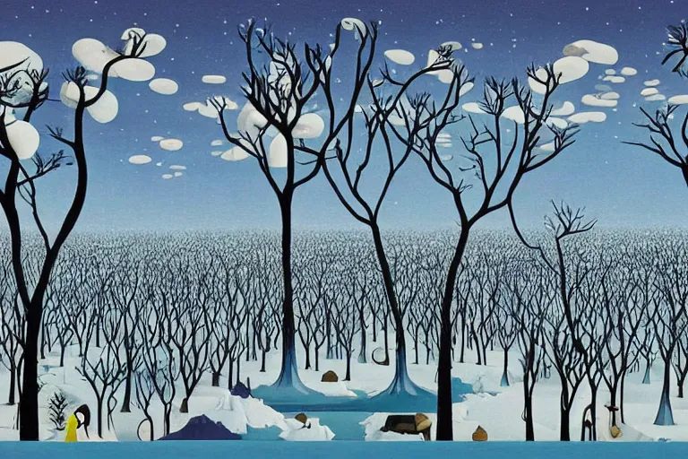 Image similar to A surreal winter forest landscape with barren trees by Chiho Aoshima and Salvador Dali