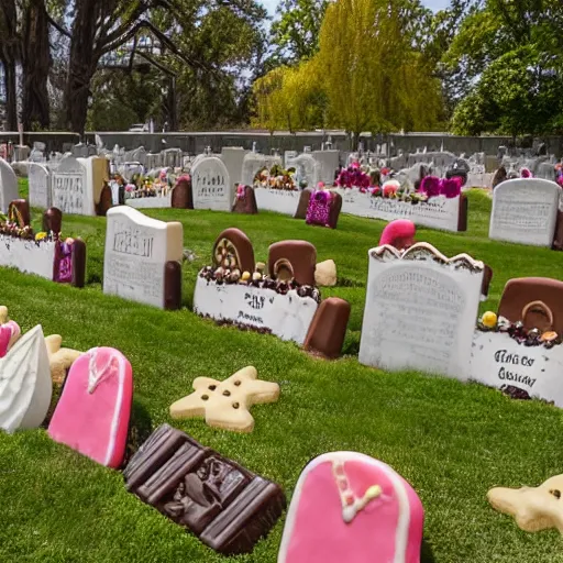 Image similar to Graveyard made out of desserts. Cookies in the shape of tombstones, cakes that look like coffins, and ice cream sundaes that have been made to look like graves. The whole graveyard is surrounded by a fence made of candy bars, and the entryway is guarded by two big chocolate Chip cookies. Photography.