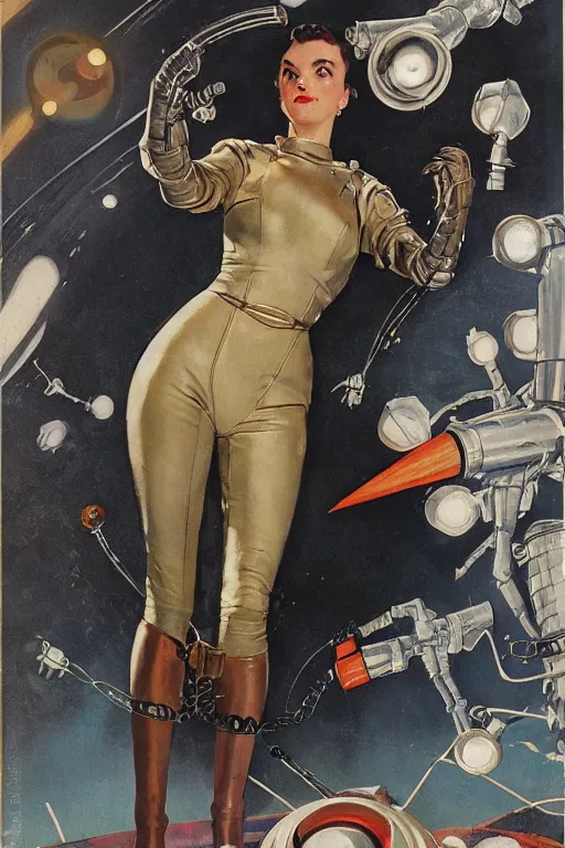 Image similar to 5 0 s pulp scifi fantasy illustration full body portrait slim mature woman in leather spacesuit firing retro ray gun laser beam, by norman rockwell, roberto ferri, daniel gerhartz, edd cartier, jack kirby, howard v brown, ruan jia, tom lovell, frank r paul, jacob collins, dean cornwell, astounding stories, amazing, fantasy, other worlds