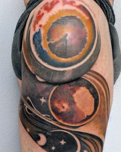 Image similar to planets on the top of a broken renaissance head statue, realism tattoo design, in the style of matt jordan