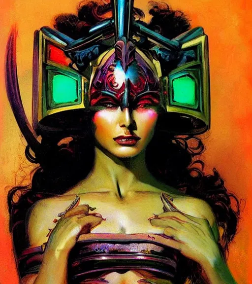 Image similar to portrait of junoesque iranian female chaos angel, beautiful! coherent! by frank frazetta, by brom, strong line, vivid neon color, shining metal power armor, iron helm, high contrast, maximalist