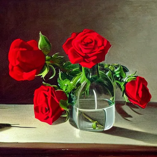 Prompt: the red roses in the bottle on the table