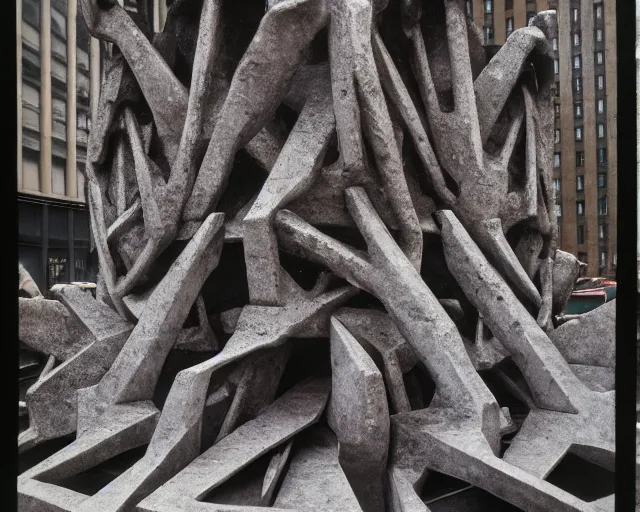 Image similar to by francis bacon, vivian maier, mystical photography evocative. an intricate fractal concrete and steel carved sculpture of the secret faces of god and a pile of bones, standing in a city center.