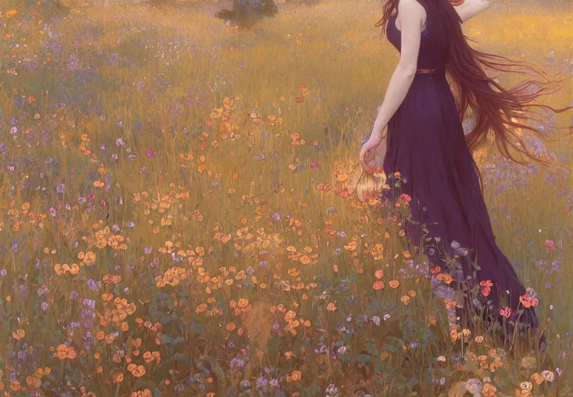 Image similar to a woman seen from behind from far away with copper hair and a flowing sundress surrounded by wildflowers, fine details by realistic shaded lighting poster by ilya kuvshinov katsuhiro otomo, magali villeneuve, artgerm, jeremy lipkin and michael garmash and rob rey, art nouveau, alphonse mucha, william - adolphe bouguereau, golden hour