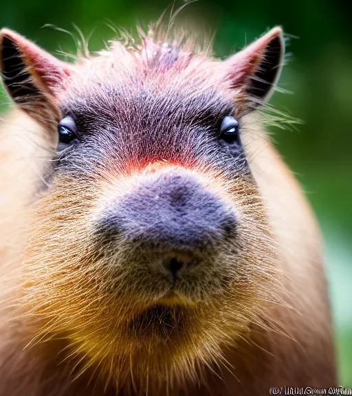 Prompt: award winning 5 5 mm close up portrait color photo of a capybara with pink slime oozing out of its nose, in a park by luis royo. soft light. sony a 7 r iv
