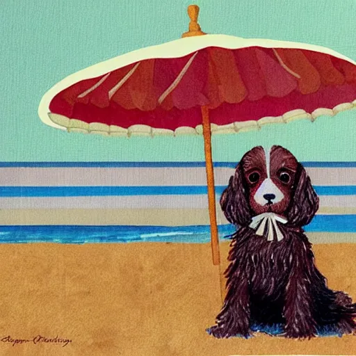 Image similar to cute brown spaniel by the seaside, parasols, bright towels, geometric, pop, lines, sketch, artwork