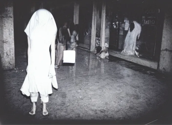 Prompt: 1 9 9 5, disposable polaroid camera, flash at night, pov, saigon street square, female : creature, ghost draped in white dress