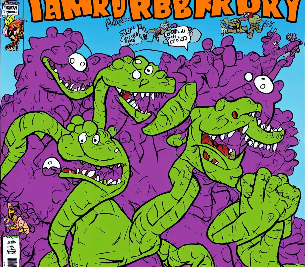 Image similar to barney the dinosaur action hero comic