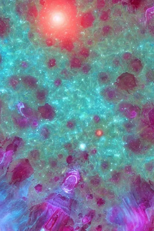 Image similar to tardigrades!!! symmetry!! a dream of a surreal alien landscape, no gravity, full of tardigrades, diffused light, surreal environmental color, crystal formations not responding to the laws of physics, ray tracing, beautiful rays of light in the cosmic dust, color aberration 4 k