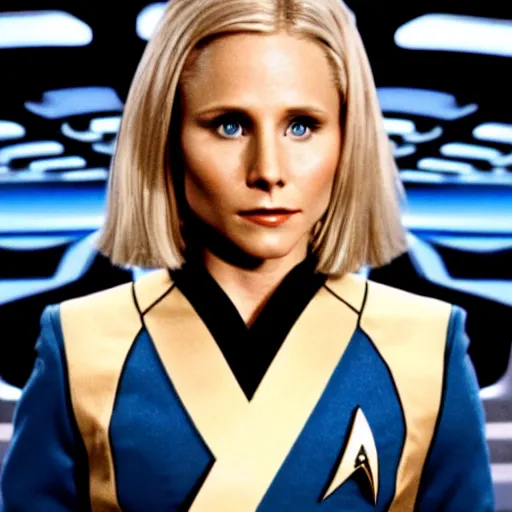 Image similar to a beautiful full body photograph of kristen bell as a star fleet officer from star trek next generation, extreme realism and detail, 8 k, completely framed, direct lighting, 3 5 mm photo, photorealistic, sharp focus