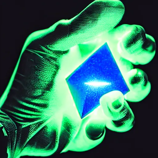 Image similar to a glowing shard of kryptonite held in an open black - gloved hand, black background