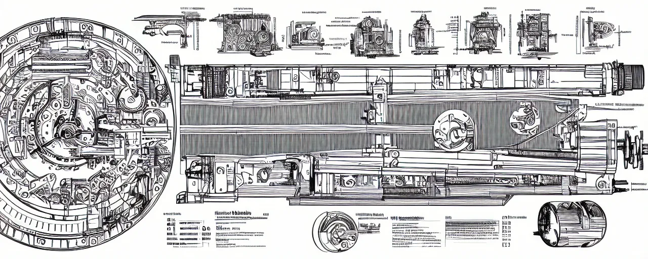 Image similar to a full page schematic diagram illustration of a timemachine, ultra detailed, 4 k, intricate, encyclopedia illustration, fine inking lines