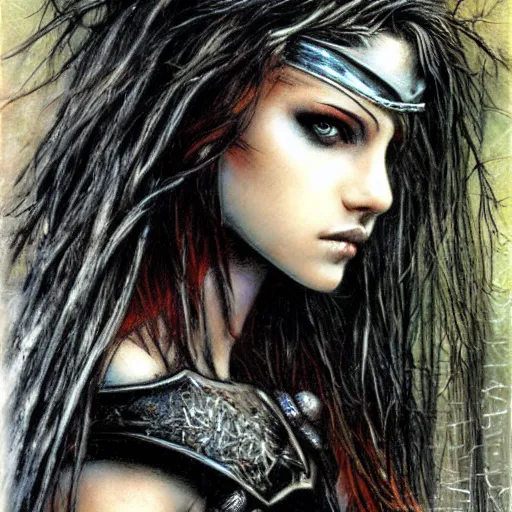 Image similar to young teen female with crow head , painting by Luis Royo