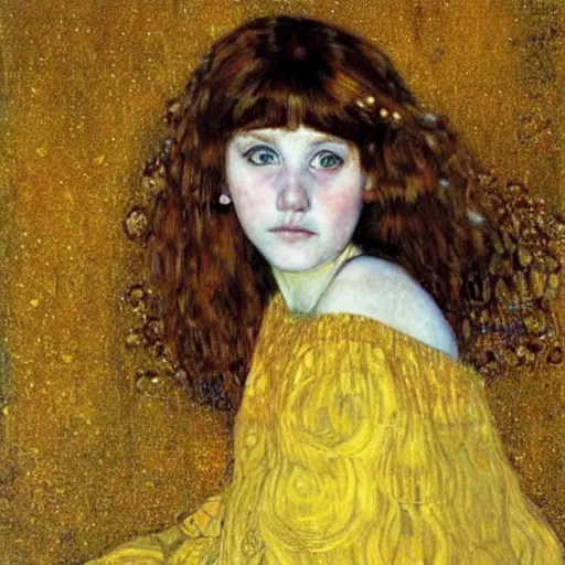 Image similar to incredibly beautiful realistic portrait of a gorgeus young girl by klimt. Young girl long hair. Golden