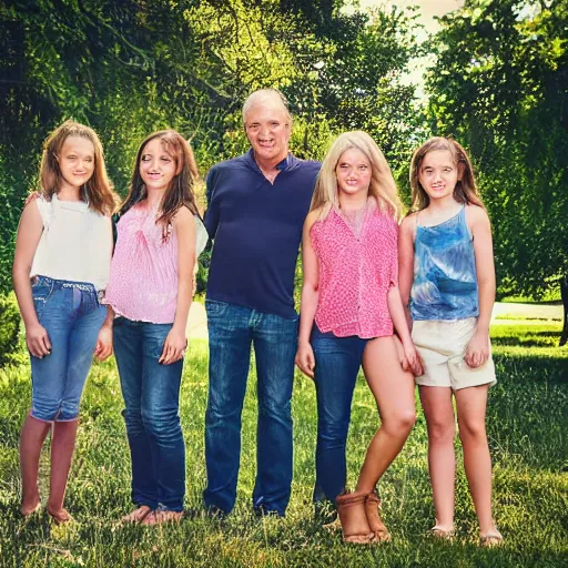 Prompt: a father and his five daughters, high quality photograph, family photo, professional quality