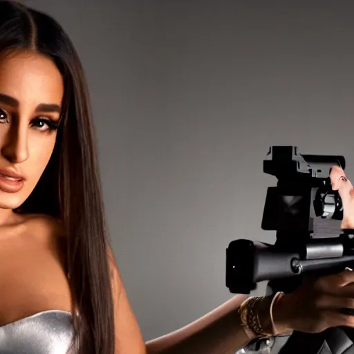 Image similar to Areana Grande with an AK47, cinematic, 4k, HD, dramatic lighting, dynamic camera placement