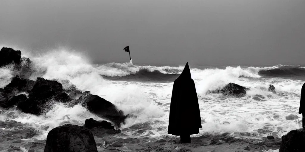 Image similar to super gloomy beach with impenetrable forest inland and violent waves off shore. The grim reaper standing next to men on pikes vlad the impaler in the front right, depressive atmosphere