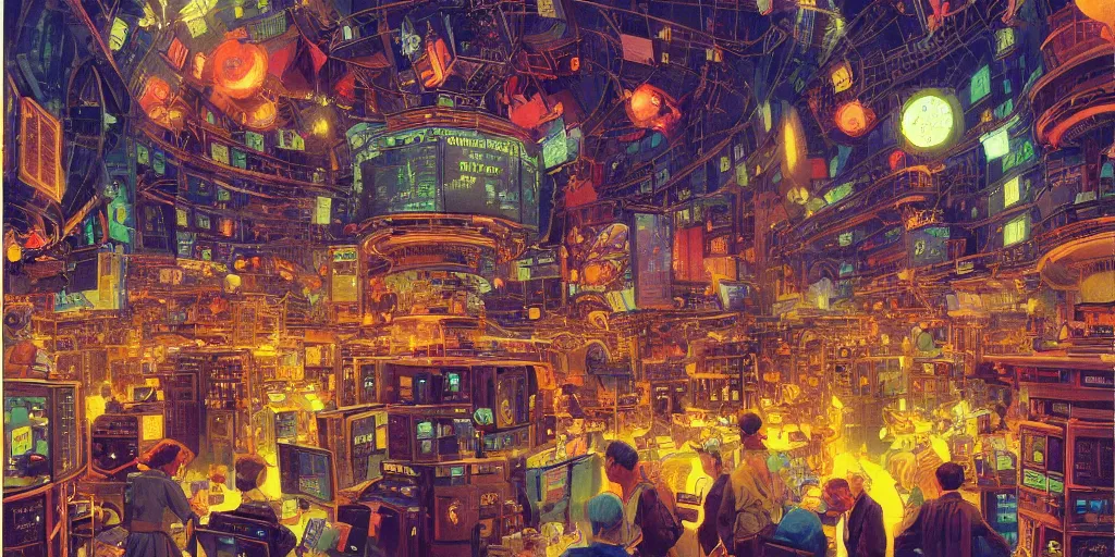 Prompt: beautiful schematic of traders in the new york stock exchange, by paul lehr and mark kolobaev, science fiction, mix of styles, highly detailed, intricate, studio ghibli color scheme, masterpiece, pointillism, abstract