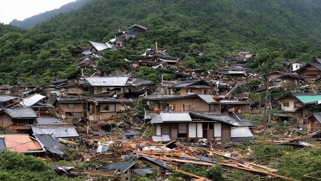 Image similar to tornado in a japanese village in the mountains