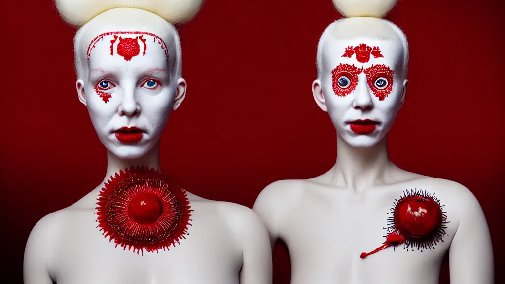 Prompt: symmetrical portrait of a woman wearing a silicone embroidered red beauty mask and white hair buns, wearing a black bodysuit by alexander mcqueen, cream white background, soft diffused light, biotechnology, humanoide robot, bjork aesthetic, translucent, by rineke dijkstra, intricate details, highly detailed, masterpiece,