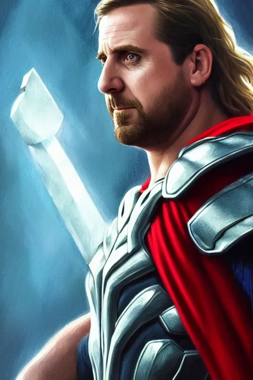 Image similar to Michael Scott as Thor, Thor costume, Michael Scott hairstyle, Thor body type, Michael Scott Face, calm, grumpy, portrait, masculine figure, highly detailed, digital painting, artstation, concept art, smooth, sharp focus, illustration, cinematic lighting, art by artgerm and greg rutkowski and alphonse mucha