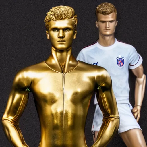 Image similar to a realistic detailed photo of a guy who is an attractive humanoid who is half robot and half humanoid, who is a male android, soccer players martin ødegaard & timo werner, shiny skin, posing like a statue, blank stare, in a living room, on display, showing off his muscles, gold soccer shorts, no jersey, statue, many copies of them