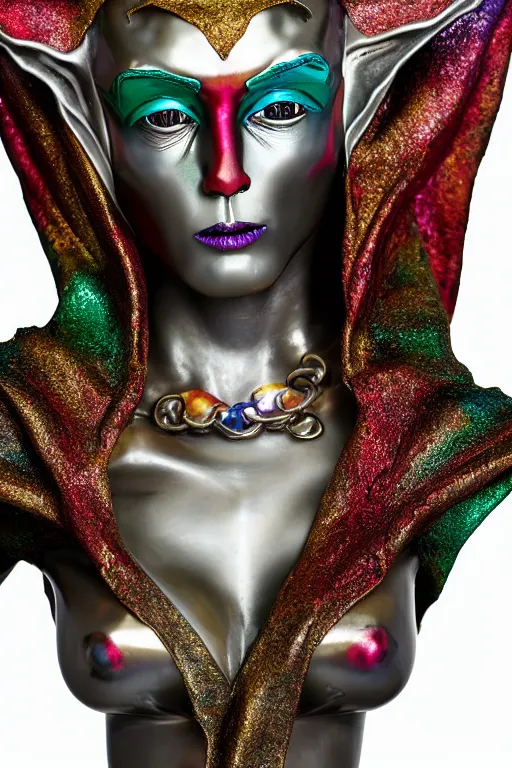 Prompt: shiny chrome statue of matte vibrant elf, sculpture with metallic polished intricated surface, brush paint dripping, dressed with an old colorful torn fancy silk cloak, using bone necklace, made by antonio corradini, and dug stanat, macabre art, dark surrealism, epic and cinematic view, volummetric light, texturized, detailed, freak carnival, 8 k