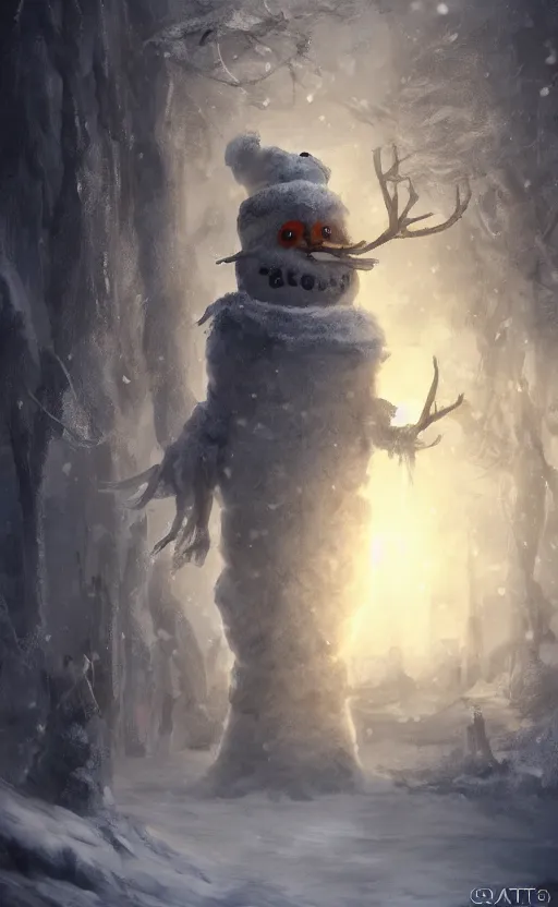 Prompt: a a full body portrait of giant jack frost the snowman in the middle of a village in the snow, dynamic lighting, photorealistic fantasy concept art, trending on art station, stunning visuals, creative, cinematic, ultra detailed