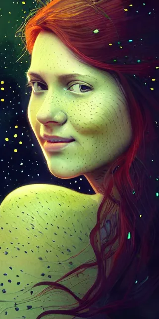 Image similar to young woman, smiling, amazed by golden fireflies lights, sitting in the midst of nature fully covered, long loose red hair, intricate linework, green eyes, small nose with freckles, oval shape face, realistic, expressive emotions, dramatic lights, spiritual scene, hyper realistic ultrafine art by cecco del caravaggio and albert bierstadt and artgerm