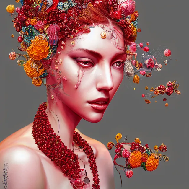 Image similar to studio portrait of absurdly beautiful, elegant, young colorful woman made of rubies and red gems, ultrafine hyperrealistic detailed face illustration by kim jung gi, irakli nadar, intricate linework, sharp focus, bright colors, matte, octopath traveler, final fantasy, unreal engine highly rendered, global illumination, radiant light, intricate environment