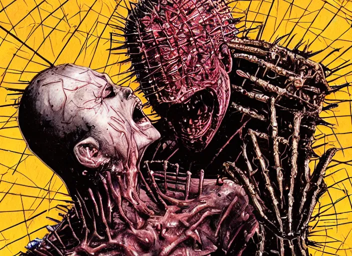 Image similar to a disgusting vile cenobite eating a man, cult horror, hellraiser inspired by The Thing, mcfarlane, clive barker, by Cronenberg and greg nicotero