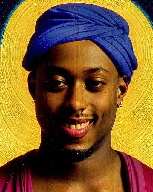 Image similar to rapper juice wrld legend rockstar smiling with a yellow halo above his head by fra angelico renaissance painting