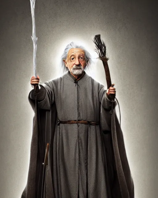 Image similar to Albert Einstein as Gandalf, Lord of the Rings, elegant robe, portrait art, wooden glowing staff, dark fantasy forest, fine details, perfect, 8k high detail, masterpiece, trending on ArtStation