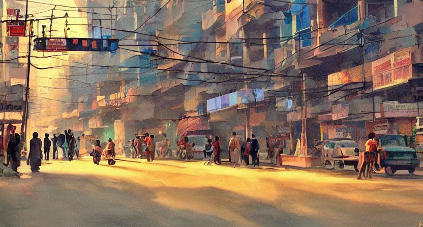 Prompt: delhi streets, artwork by salman toor, cinematic light, atmospheric effects