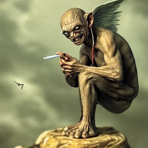 Image similar to gollum with angel wings flying with cig in mouth, thunderstorm, rain, sad,