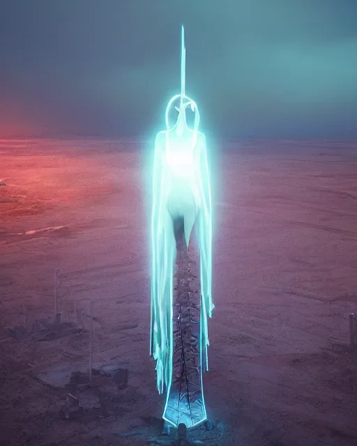 Image similar to a glowing female spirit of mother nature screams out in agony. drilling rigs bore into the earth in the background. wide shot, detailed, sharp, 8 k, award winning digital art by beeple.
