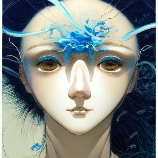 Image similar to prompt : ivory and blue and black portrait soft light painted by james jean and katsuhiro otomo and erik jones, inspired by evangeleon anime, smooth face feature, intricate oil painting, high detail illustration, sharp high detail, manga and anime 1 9 9 9