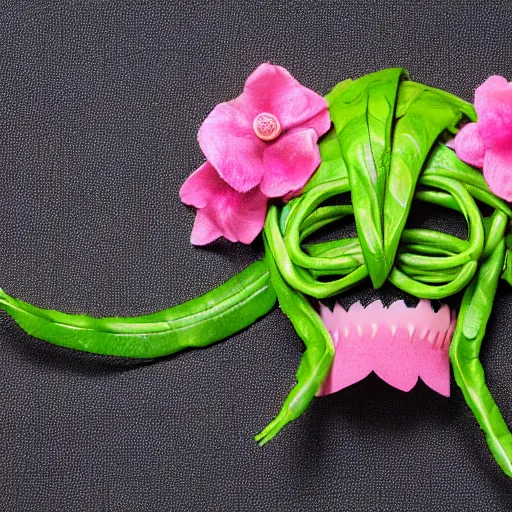 Image similar to studio photograph of a thin green vine creature with vine limbs and a pink blooming flower mouth with many sharp teeth