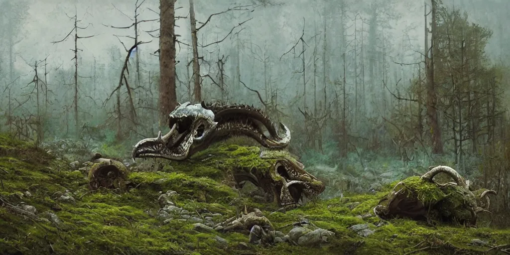 Prompt: hyperealistic painting of scandinavian landscape . giant abandonned dragon skull covered with moss. by Simon Stålenhag !