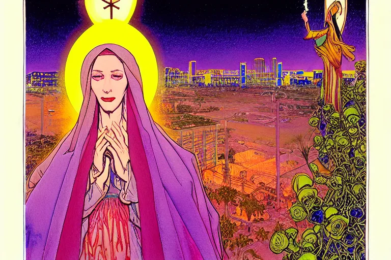 Image similar to a hyperrealist watercolour character concept art portrait of the blessed mother mary at night in las vegas, nevada. there is a ufo. neon roses. psychedelic elements. by rebecca guay, michael kaluta, charles vess and jean moebius giraud