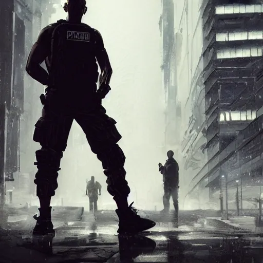 Image similar to A man wearing Reindeelusion Steven Cargo pants and Nike Tech fleece Shirt and Nike Acronym presto sneakers, Police sirens shining in far background, high quality, digital art, dirty cyberpunk city, rain, greg rutkowski