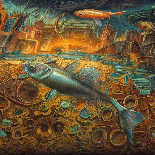 Image similar to fish swimming through the center of a destroyed flooded city, surrealism, deep aesthetic, abstract realism, highly ornate intricate details, 1 9 2 0's colored pencil, 4 k, cinematic lighting,