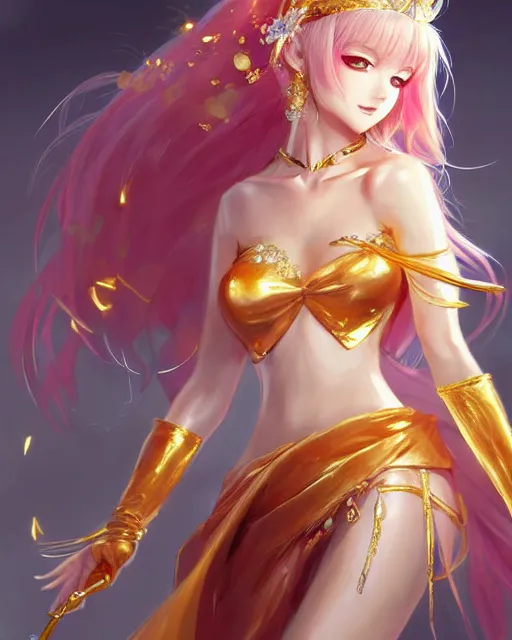 Image similar to character concept art of an anime goddess of gold and precious gems | | cute - fine - face, gossamer clothing, pretty face, realistic shaded perfect face, fine details by stanley artgerm lau, wlop, rossdraws, james jean, andrei riabovitchev, marc simonetti, and sakimichan, tranding on artstation