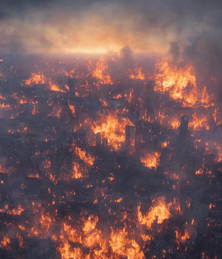 Image similar to a beautiful hyperrealistic detailed 3D render of manchester burning, by Anton Otto Fischer, Atey Ghailan, genzoman, unreal engine, octane render, gigantic, 3D, brilliantly coloured, intricate, ultra wide angle, trending on artstation, embers, smoke, dust, dusk, volumetric lighting, HDR, polished, micro details, ray tracing, 8k